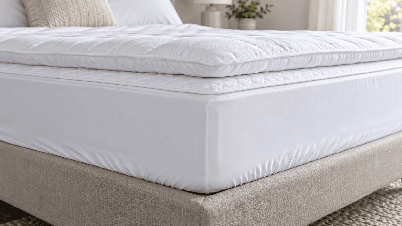 White fitted sheet around the corner of a mattress with topper and protector layers visible